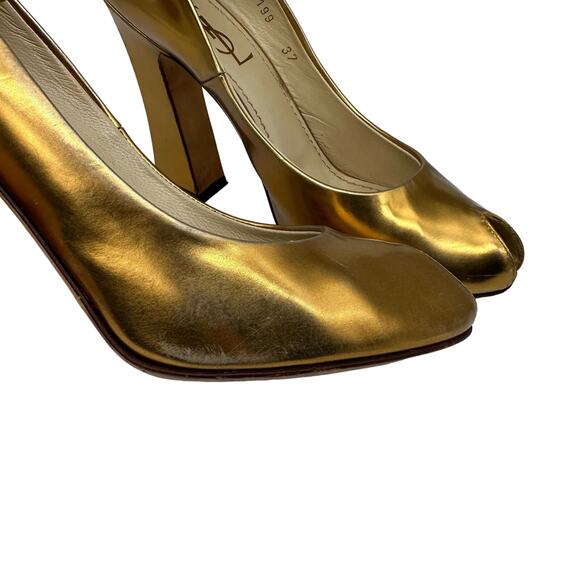 Yves Saint Laurent Metallic Gold Chunky Heel Peep Toe Pumps EUC 37 US 6.5 - Picture 13 of 16